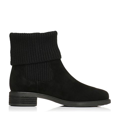 BASTO/百思图冬季黑色羊绒皮/毛线休闲舒适方跟女皮靴短靴60866DD7