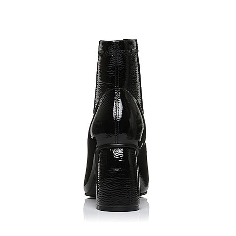 BASTO/百思图冬季黑色人造革时尚复古前拉链粗跟女短靴18883DD7