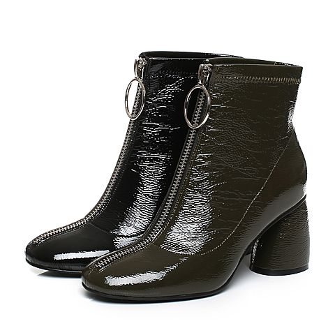BASTO/百思图冬季黑色人造革时尚复古前拉链粗跟女短靴18883DD7
