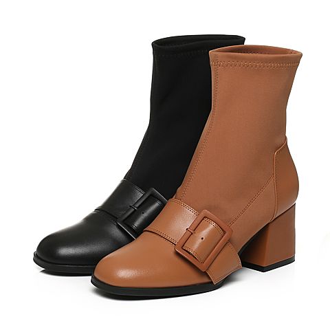 BASTO/百思图冬季棕色牛皮/弹力布拼接时尚休闲粗跟女皮靴袜靴7252DDZ7