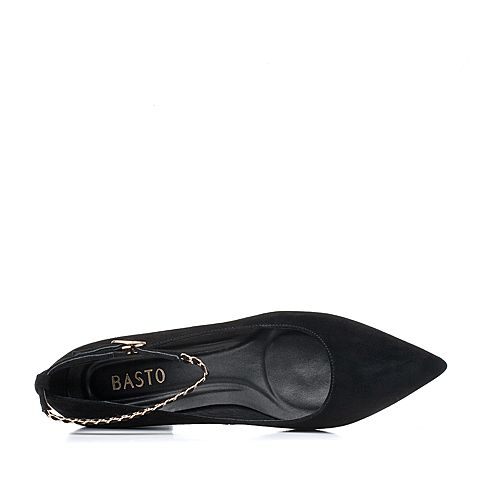 BASTO/百思图秋季专柜同款黑色羊绒皮简约尖头浅口粗跟女单鞋RGF20CQ7