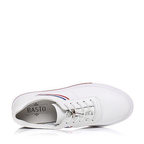 BASTO/百思图秋季专柜同款白色软面牛皮条纹平跟女休闲鞋小白鞋YIP35CM7