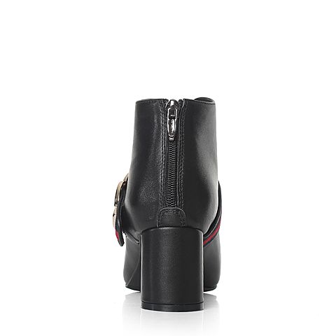 BASTO/百思图冬季专柜同款黑色牛皮/布面条纹尖头粗跟女皮靴短靴17D70DD7