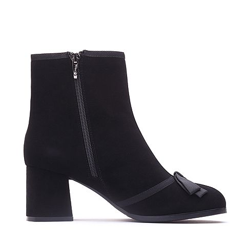 BASTO/百思图冬季专柜同款黑色羊皮/布面纯色粗跟女皮靴袜靴17D56DD7