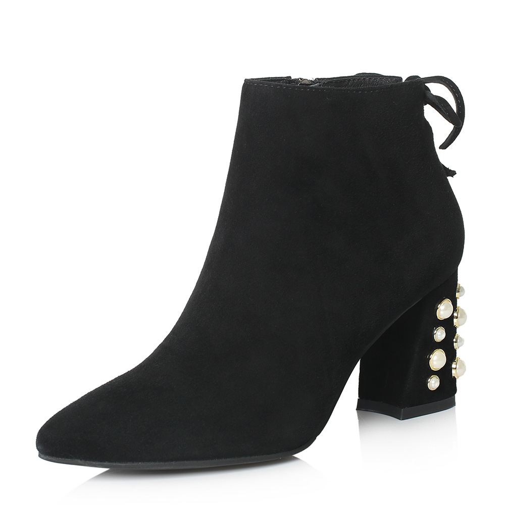 BASTO/百思图冬季专柜同款黑色羊皮尖头珍珠粗跟女皮靴短靴17D71DD7