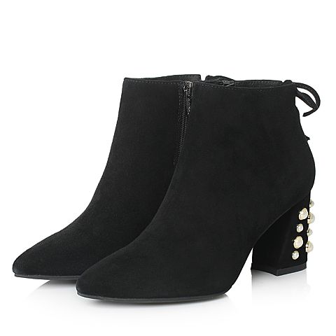 BASTO/百思图冬季专柜同款黑色羊皮尖头珍珠粗跟女皮靴短靴17D71DD7