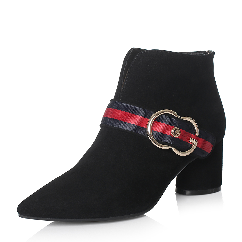 BASTO/百思图冬季专柜同款黑色羊皮/布面条纹尖头粗跟女皮靴短靴17D70DD7