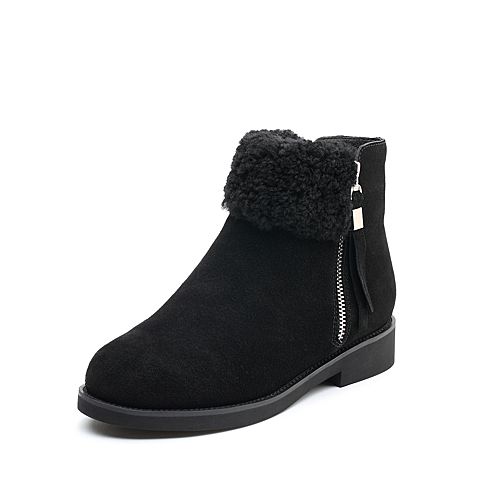 BASTO/百思图冬季专柜同款黑色牛剖层皮革/羊毛皮女皮靴短靴17D20DD7