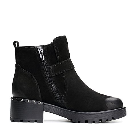 BASTO/百思图冬季专柜同款黑色牛皮休闲舒适方跟圆头女皮靴短靴RCI45DD7