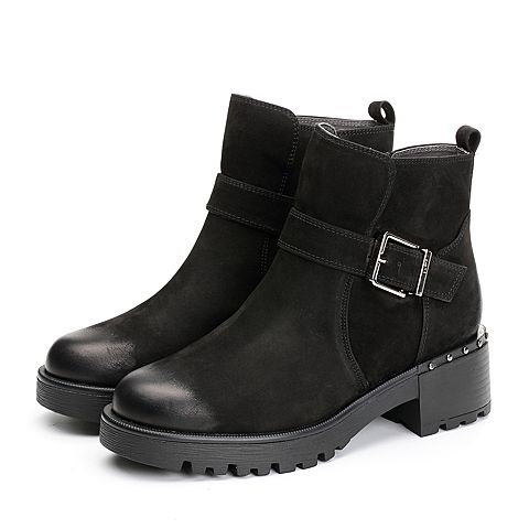 BASTO/百思图冬季专柜同款黑色牛皮休闲舒适方跟圆头女皮靴短靴RCI45DD7
