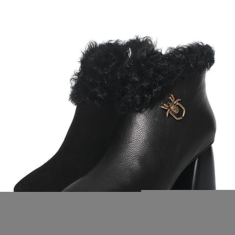 BASTO/百思图冬季专柜同款黑色牛皮/羊毛方头粗跟女皮靴短靴17D87DD7