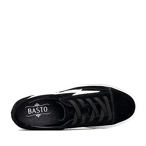 BASTO/百思图冬季专柜同款黑色羊皮时尚简约系带女休闲鞋YKI13DM7