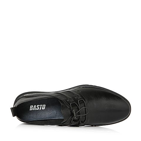 BASTO/百思图冬季专柜同款黑色牛皮革松紧带平跟男休闲鞋17N32DM7