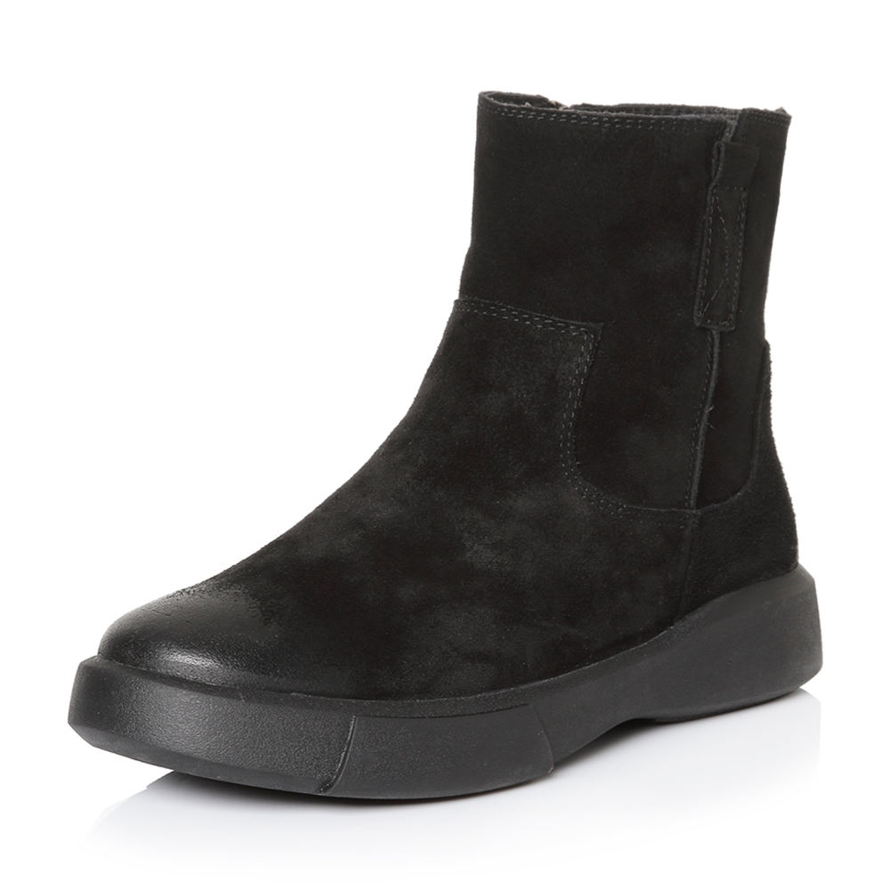 BASTO/百思图冬季专柜同款黑色剖层牛皮侧拉链女皮靴短靴YMG04DD7