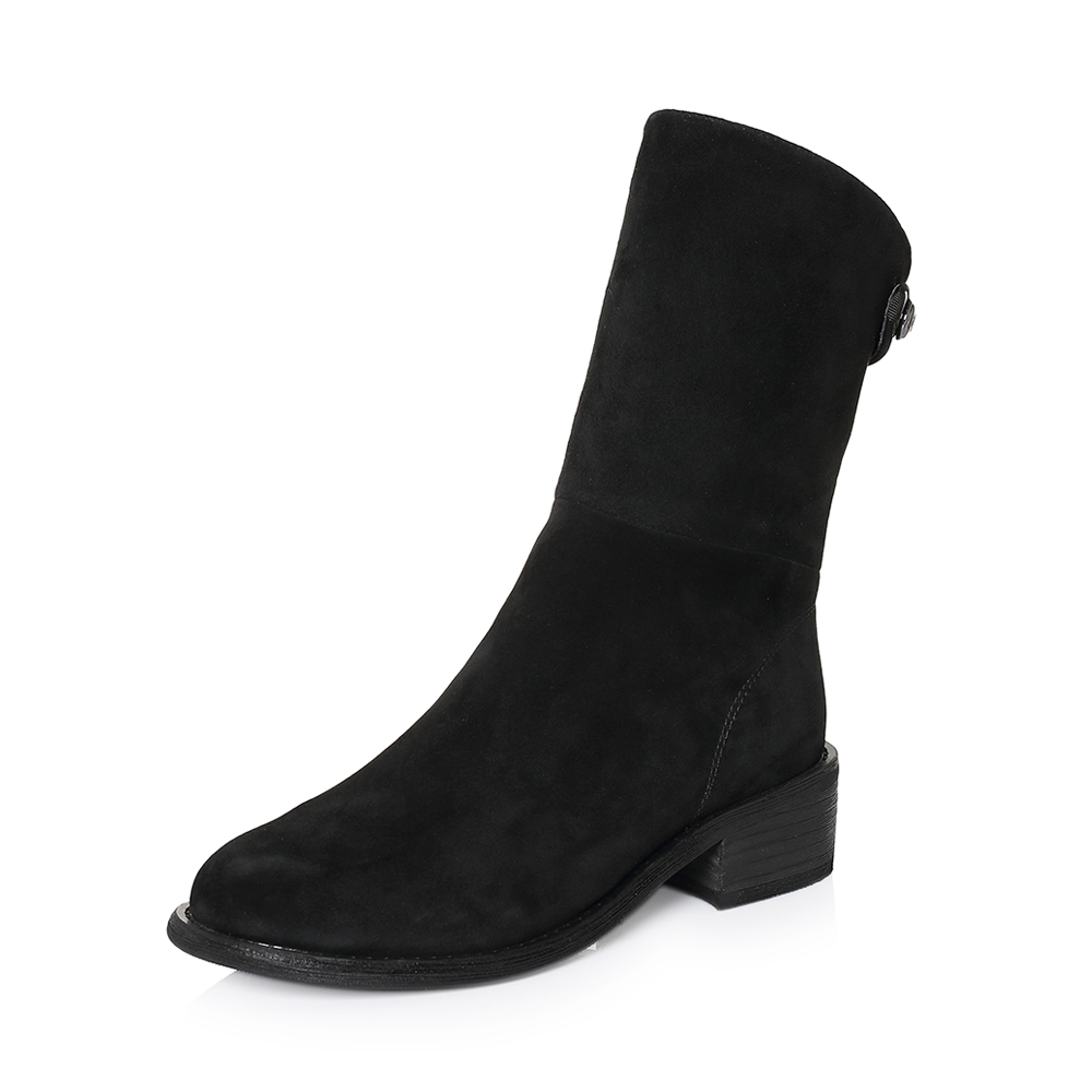 BASTO/百思图冬季专柜同款黑色羊皮革/牛皮革后拉链女皮靴RLL60DZ7