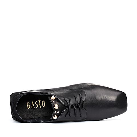 BASTO/百思图2018春季专柜同款黑色羊皮珍珠系带方头女皮鞋RBG23AM8