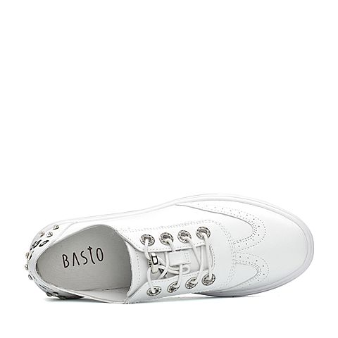 BASTO/百思图2018春季专柜同款白色软面牛皮松紧带闪钻平跟女休闲鞋YIP39AM8