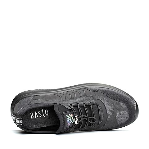 BASTO/百思图2018春季专柜同款黑色纺织物/PVC松紧带坡跟女休闲鞋YDS12AM8