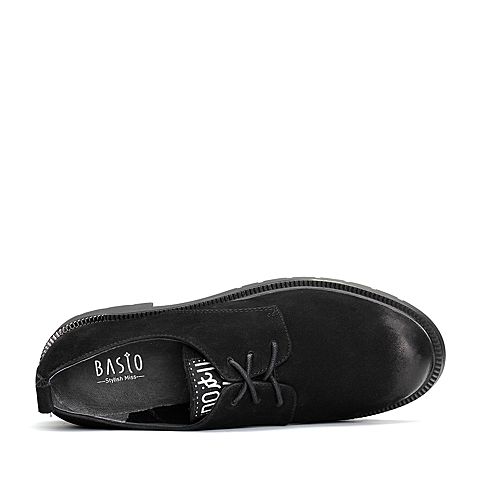 BASTO/百思图2018春季专柜同款黑色牛皮系带休闲方跟女皮鞋BA377AM8