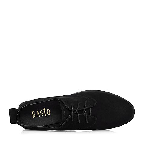 BASTO/百思图2018春季专柜同款黑色羊绒皮简约纯色休闲方跟女单鞋RIH27AM8