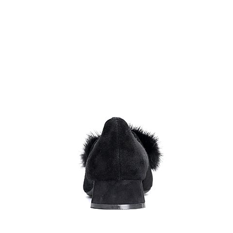 BASTO/百思图2018春季专柜同款黑色羊绒皮珍珠休闲方头粗跟女单鞋RDN34AM8