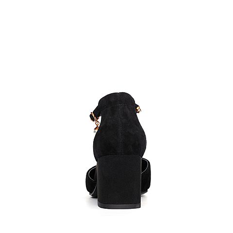 BASTO/百思图2018春季专柜同款黑色羊绒皮珍珠尖头通勤粗跟女凉鞋RLH04AK8