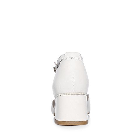 BASTO/百思图2018春季专柜同款米白色牛皮珍珠方头休闲粗跟女凉鞋TF903AK8