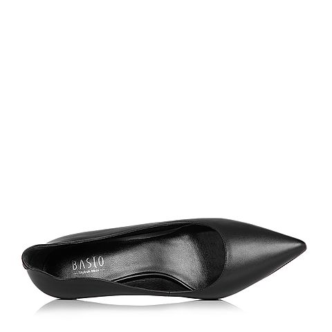 BASTO/百思图2018春季专柜同款黑色牛皮通勤尖头浅口细高跟女单鞋A8056AQ8