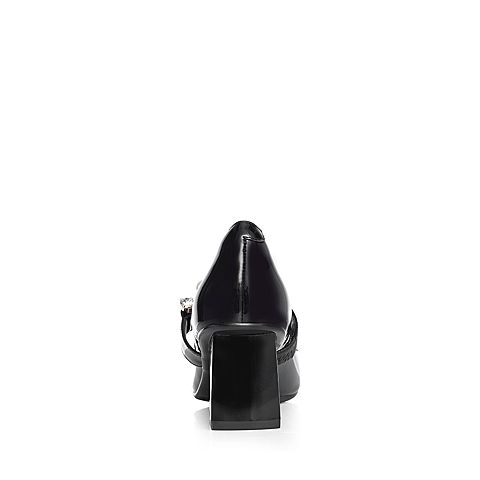 BASTO/百思图2018春季专柜同款黑色牛皮珍珠浅口粗跟女皮鞋ACS31AQ8
