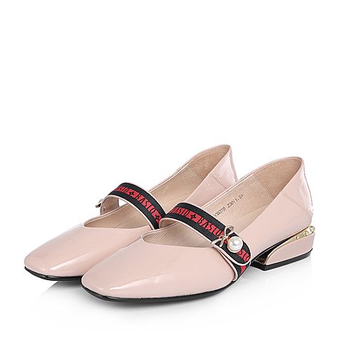 BASTO/百思图2018春季专柜同款粉色牛皮/布面珍珠小V口方头女皮鞋AC607AQ8