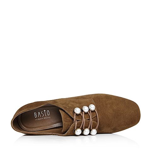 BASTO/百思图2018春季专柜同款棕色羊皮珍珠系带方头粗中跟女单鞋AC376AM8