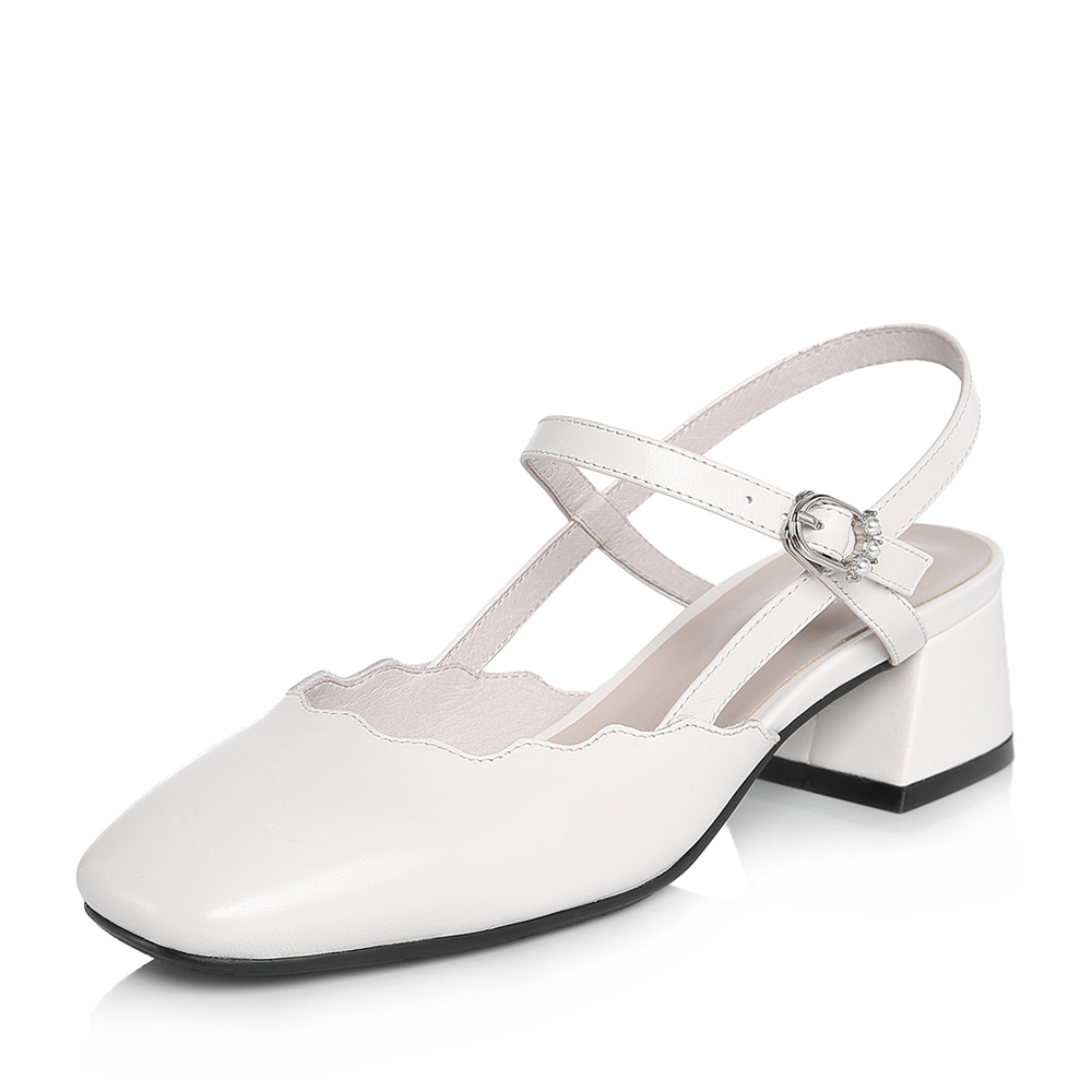 BASTO/百思图2018春季专柜同款米白色牛皮简约纯色方头粗跟女皮凉鞋AC870AH8