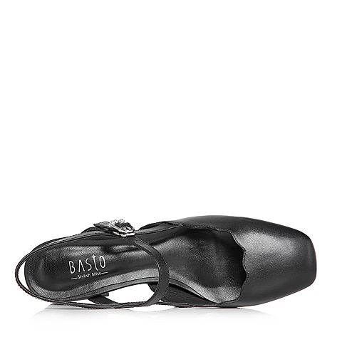 BASTO/百思图2018春季专柜同款黑色牛皮简约纯色方头粗跟女皮凉鞋AC870AH8