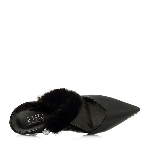 BASTO/百思图2018夏季专柜同款黑色牛皮/貂毛皮珍珠细跟女凉鞋PA761BH8