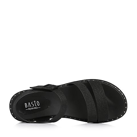 BASTO/百思图2018夏季专柜同款黑色人造革休闲简约坡跟女凉鞋DB325BL8