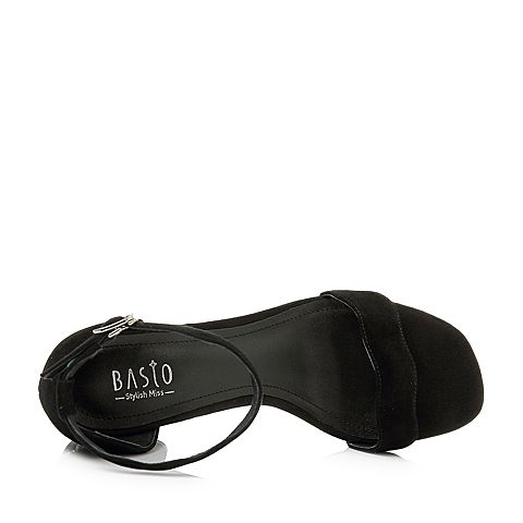 BASTO/百思图2018夏季专柜同款黑色羊皮简约一字带粗跟女凉鞋RNU03BL8