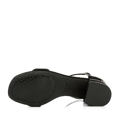BASTO/百思图2018夏季专柜同款黑色羊皮简约一字带粗跟女凉鞋RNU03BL8