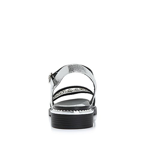 BASTO/百思图2018夏季专柜同款银色羊皮革水钻方跟女凉鞋TQX12BL8