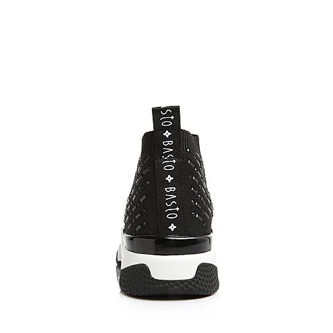 BASTO/百思图2018春季专柜同款黑色纺织品水钻套脚坡跟女休闲鞋YLG10AM8