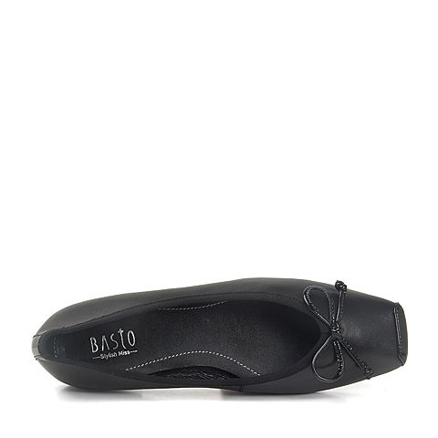 BASTO/百思图2018夏季专柜同款黑色羊皮革/牛皮革蝴蝶结浅口方跟女单鞋A4612BQ8