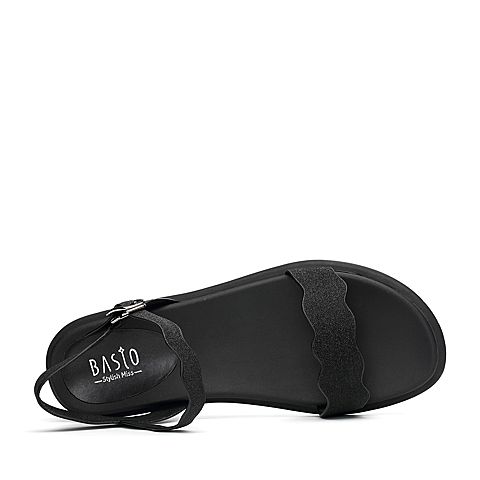 BASTO/百思图2018夏季专柜同款黑色亮片布休闲舒适露趾女凉鞋RQX18BL8