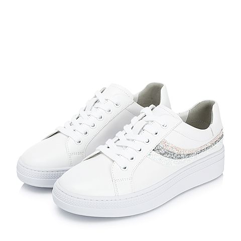 BASTO/百思图2018夏季专柜同款白色软面牛皮革坡跟系带小白鞋女休闲鞋YUA07BM8
