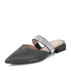 BASTO/百思图2018夏季黑银色亮线布水钻尖头穆勒鞋方跟女拖鞋RQQ02BT8