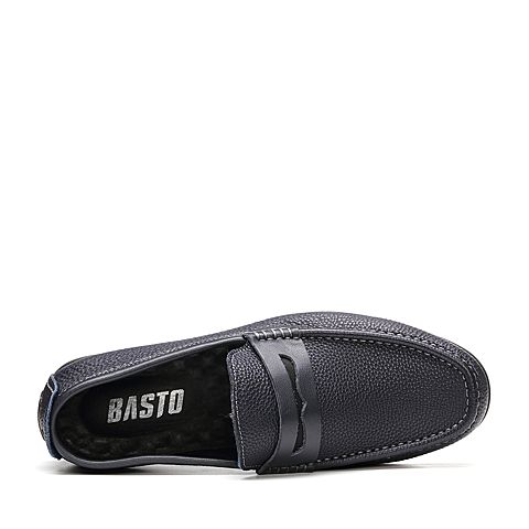 BASTO/百思图2018秋季专柜同款蓝色牛皮革商务休闲套脚男皮鞋18A1BCM8