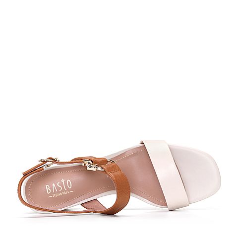BASTO/百思图2018夏季专柜同款浅米色羊皮革一字粗跟女皮凉鞋ROP01BL8