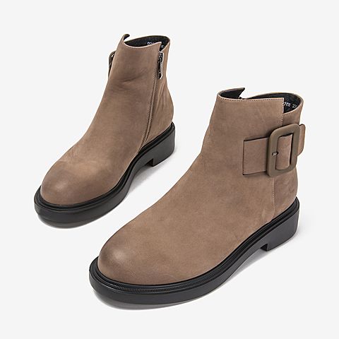 BASTO/百思图2018冬季专柜同款牛皮革侧拉链方跟女短靴DD708DD8
