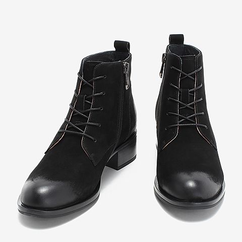 BASTO/百思图2018冬季专柜同款黑色牛皮革系带方跟女皮靴短靴YWR02DD8