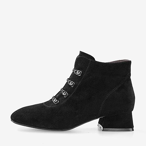 BASTO/百思图2018冬季专柜同款羊绒皮革方头女皮靴短靴RLU43DD8