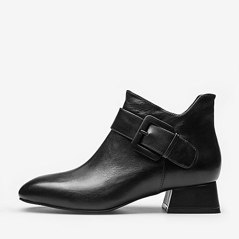 BASTO/百思图2018冬季专柜同款黑色牛皮革方跟女皮靴短靴RLU41DD8