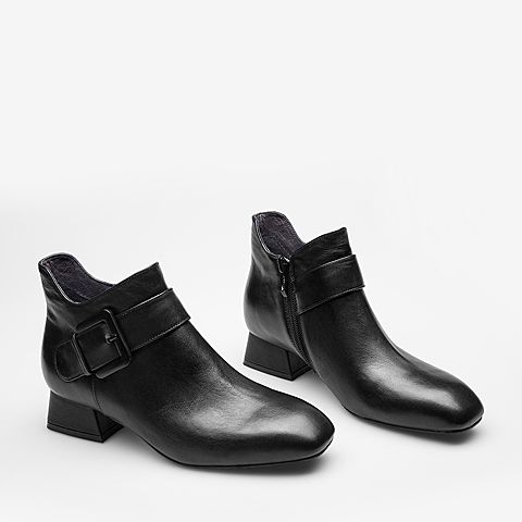 BASTO/百思图2018冬季专柜同款黑色牛皮革方跟女皮靴短靴RLU41DD8